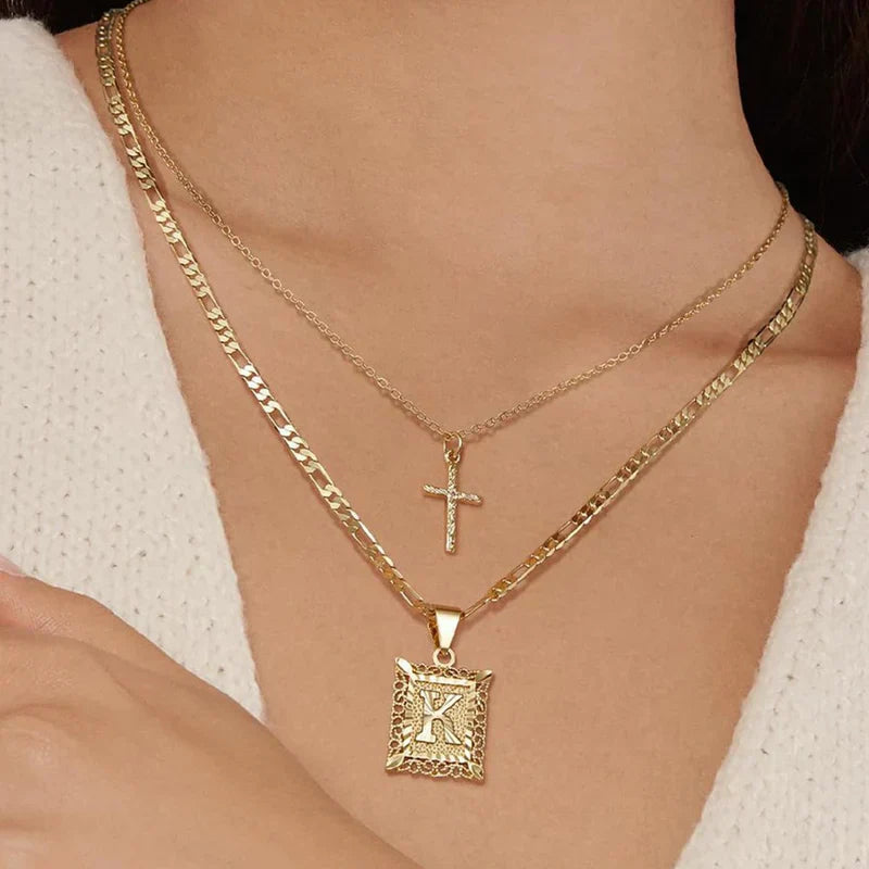 Initial and Cross Gold Necklace Set