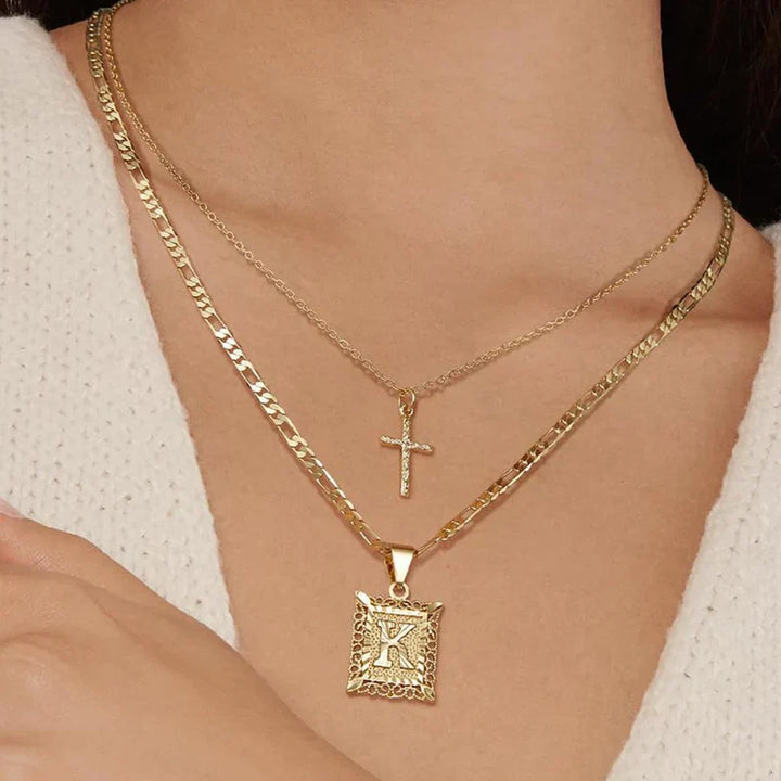 Gold Initial Cross Necklace Set