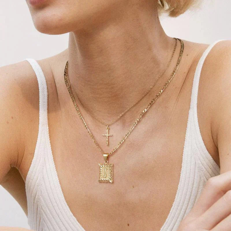 Gold Initial Cross Necklace Set