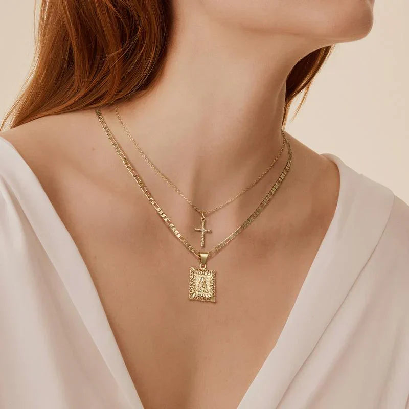 Gold Initial Cross Necklace Set