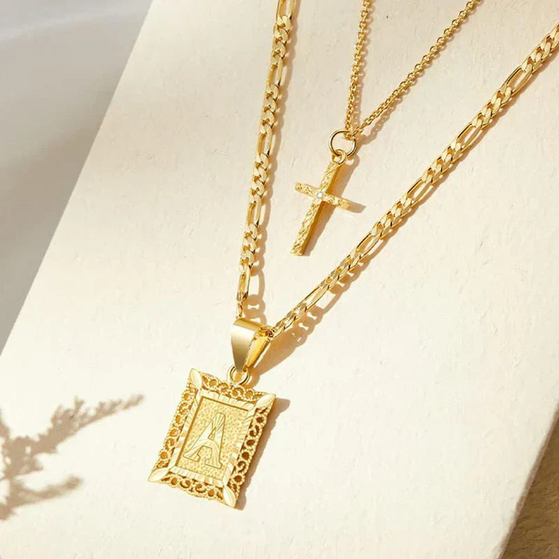 Initial and Cross Gold Necklace Set