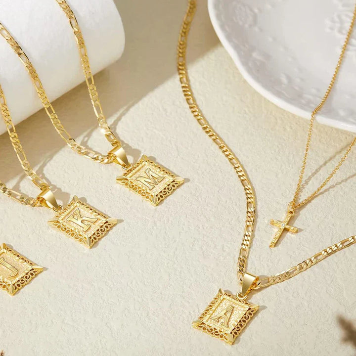 Initial and Cross Gold Necklace Set