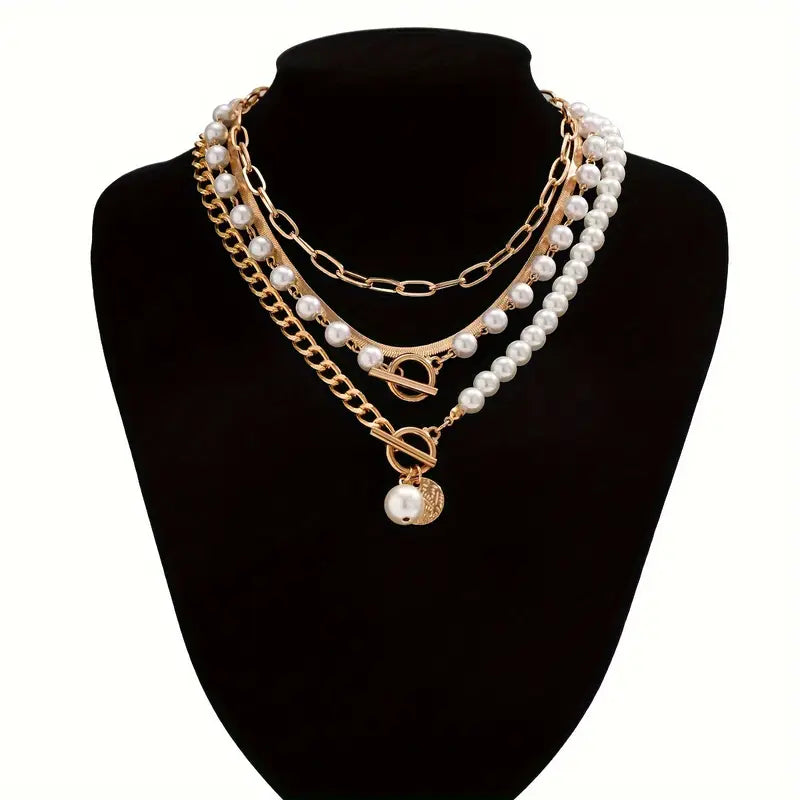 Gold Vintage Pearl and Snake Chain Necklace Set
