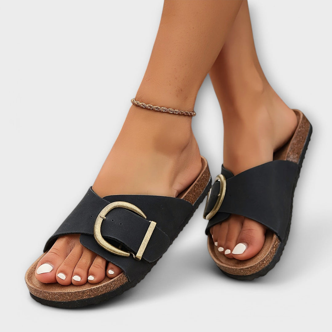 Margie - Women's Cork Mules with Buckle Strap Design