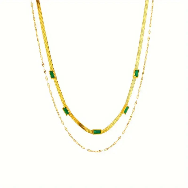 Vintage Emerald Double Gold Necklace