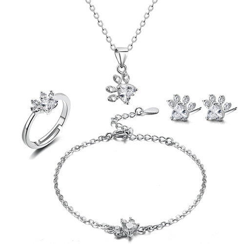 4-Piece Rose Gold Paw Jewelry Set with Zircon Heart for Women