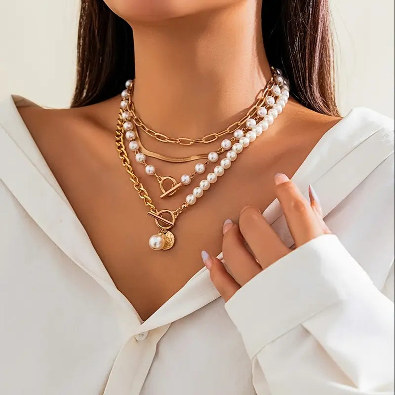 Gold Vintage Pearl & Snake Chain Necklace Set