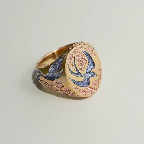 Antique Blue and Gold Hummingbird Ring