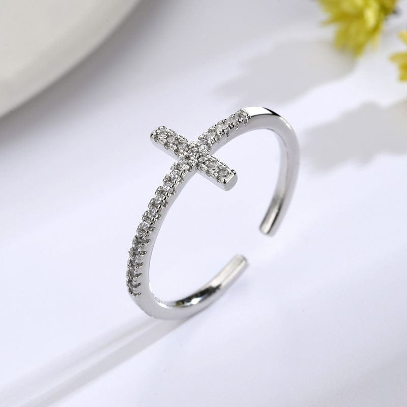 Adjustable Silver Diamond Cross Ring