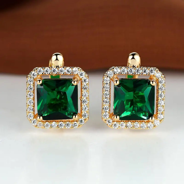 Square Green Zirconia Gold Earrings