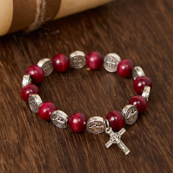 Vintage Red Bead Bracelet with Saint Benedict Pendant: A Timeless Symbol of Divine Guidance