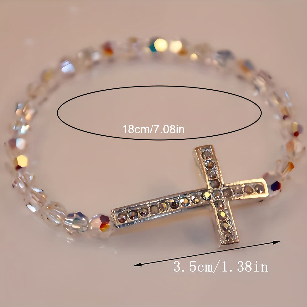 Shimmering White and Blue Peacock Cross Bracelet: A Symbol of Faith