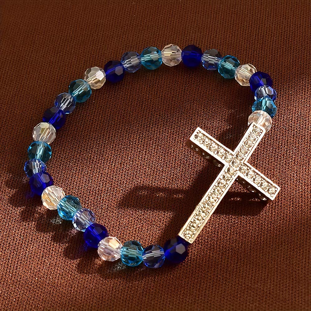 Shimmering White and Blue Peacock Cross Bracelet: A Symbol of Faith