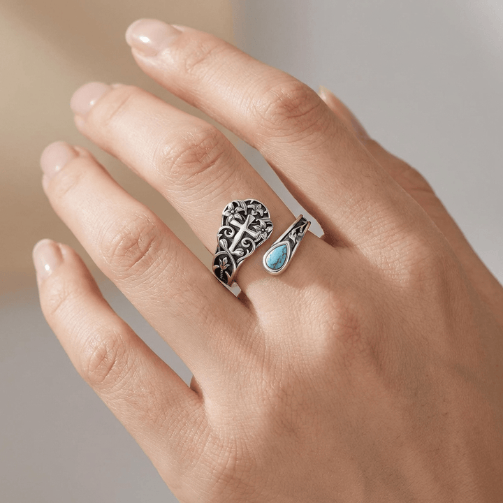 Adjustable Floral Turquoise Cross Ring
