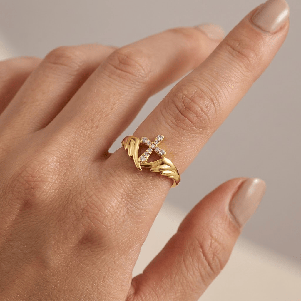 Adjustable Angel Wing Cross Ring with Zircon Diamonds