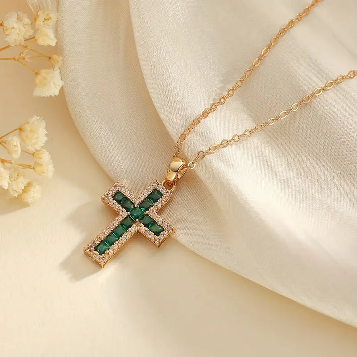 Elegant Gold Necklace with Emerald Cross Pendant