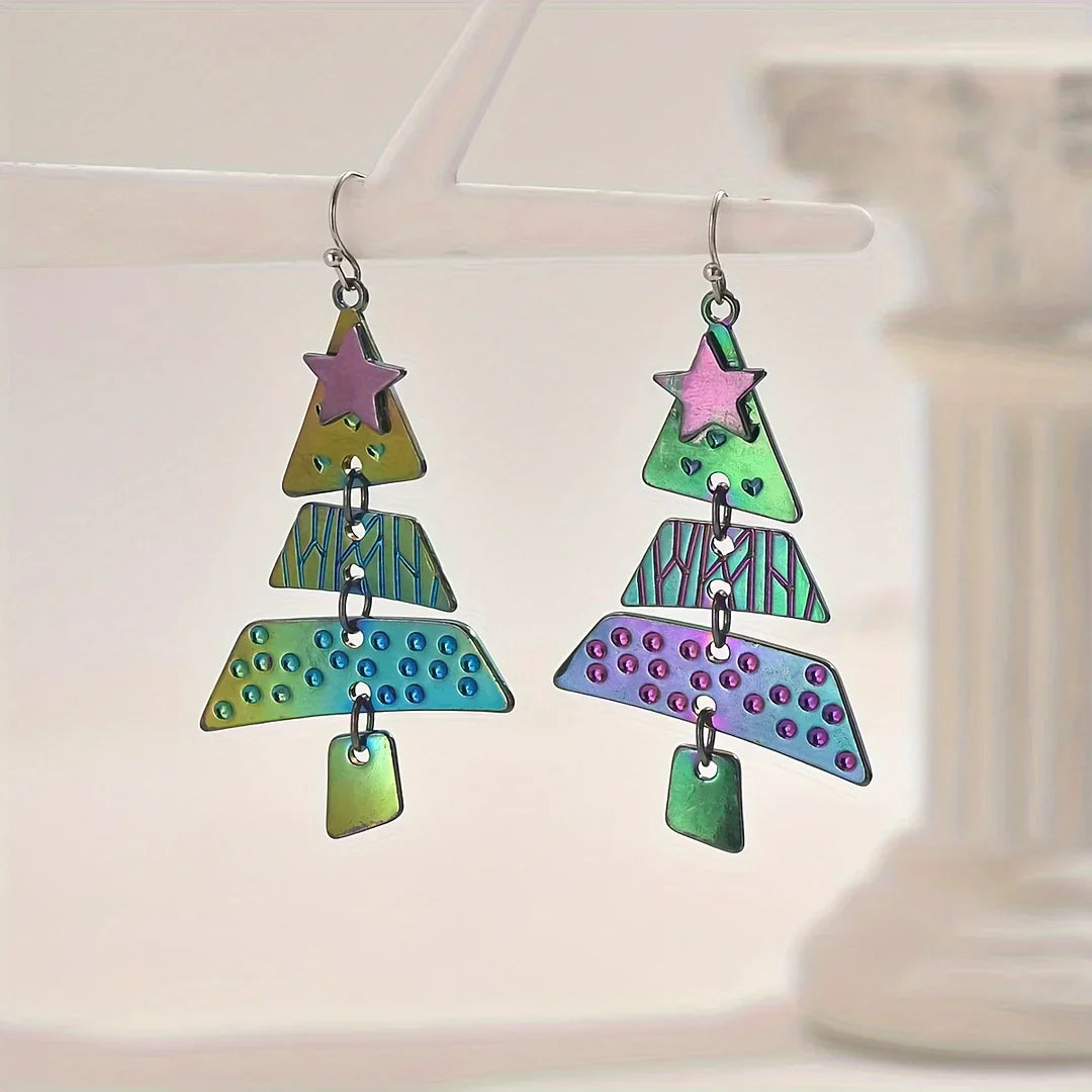 Mixed Metal Christmas Tree Drop Earrings