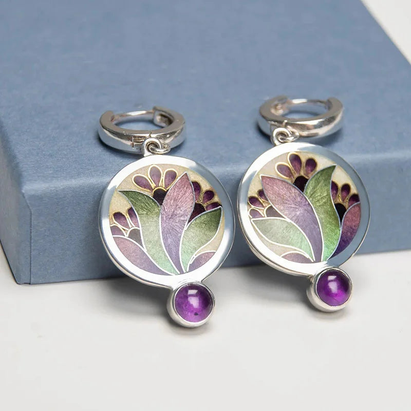 Sterling Silver Boho Earrings with Purple Crystals
