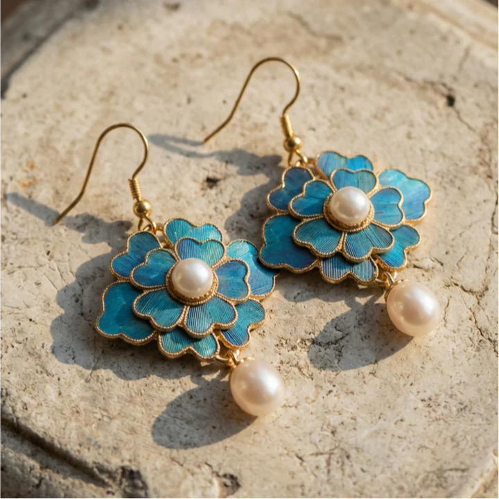 Vintage Pearl and Blue Lotus Drop Earrings