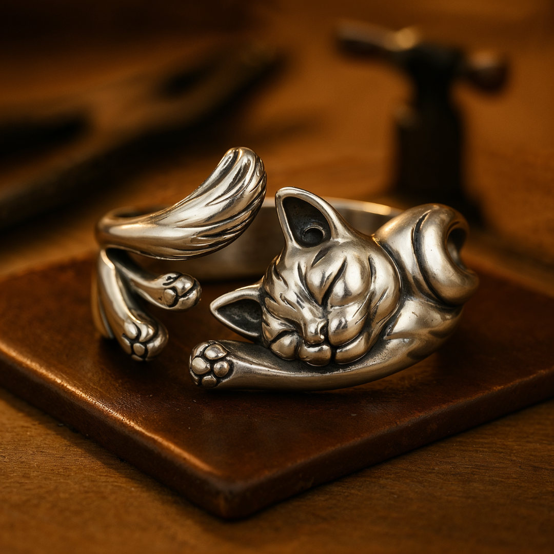 Adjustable Vintage Silver Cat Ring
