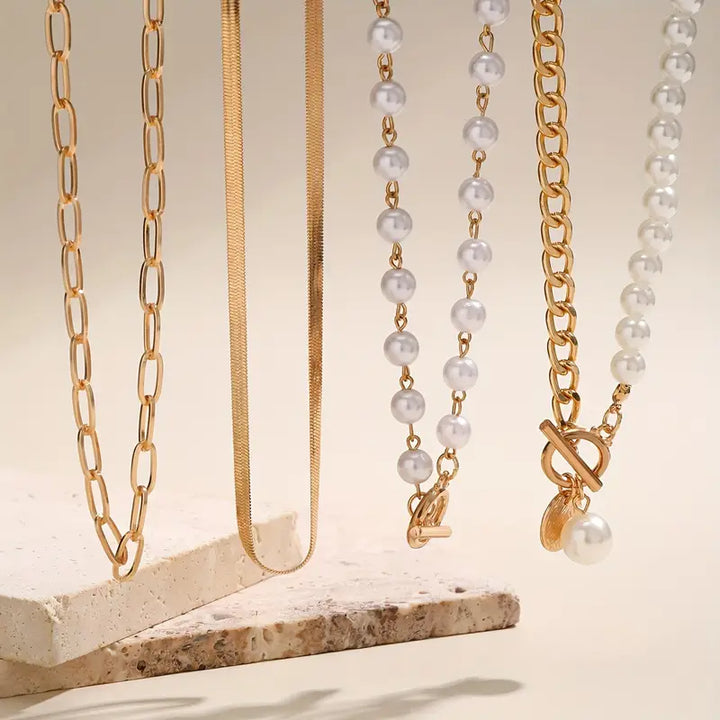 Gold Vintage Pearl & Snake Chain Necklace Set