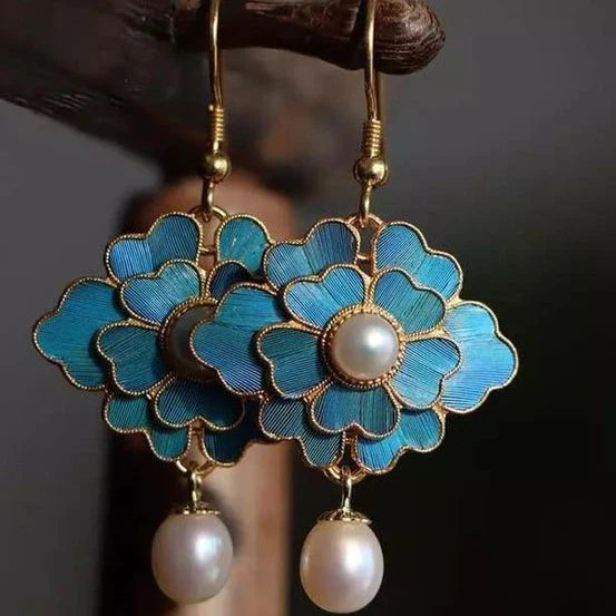 Vintage Pearl and Blue Lotus Drop Earrings
