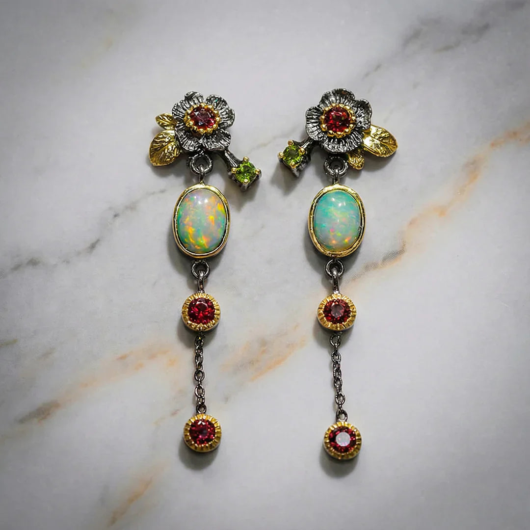 Boho Opal and Red Zirconia Earrings