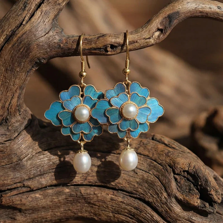 Vintage Pearl and Blue Lotus Drop Earrings