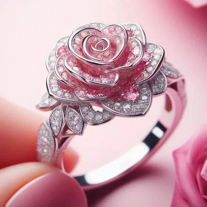 Exotic Silver-Plated Ring with Pink Floral Design