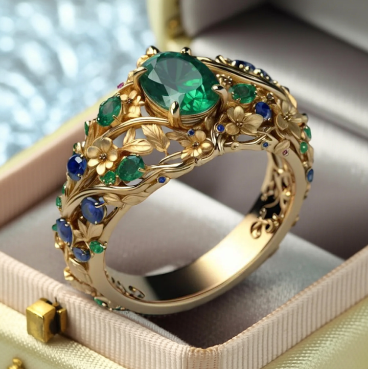 Gold Ring with Green and Blue Crystals