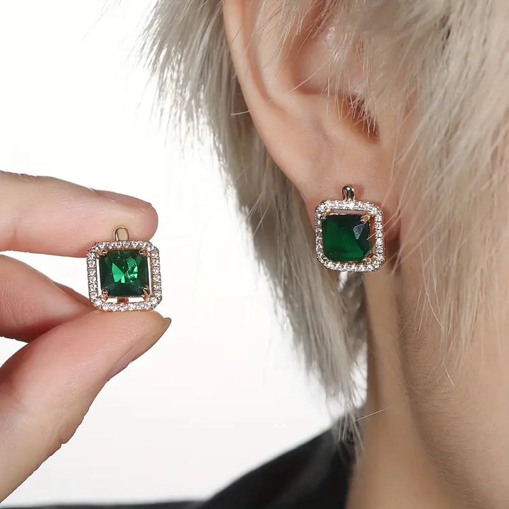 Square Green Zirconia Gold Earrings