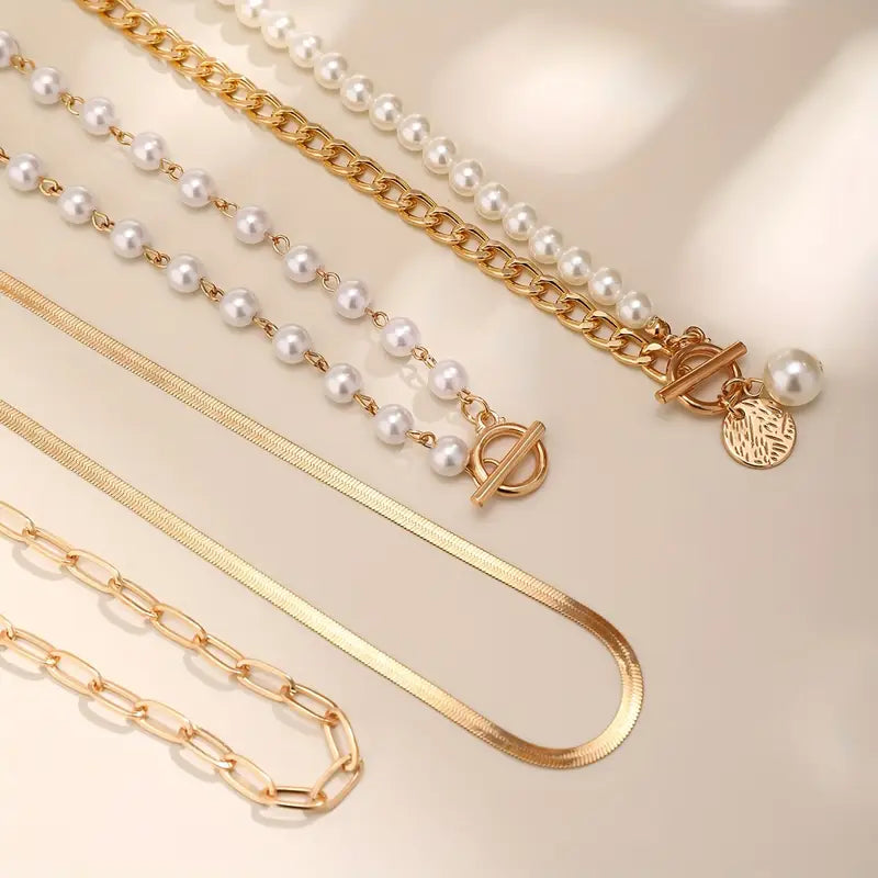 Gold Vintage Pearl & Snake Chain Necklace Set