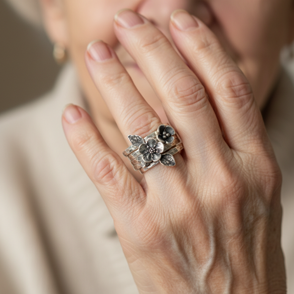 Silver Vintage Layered Flower Ring