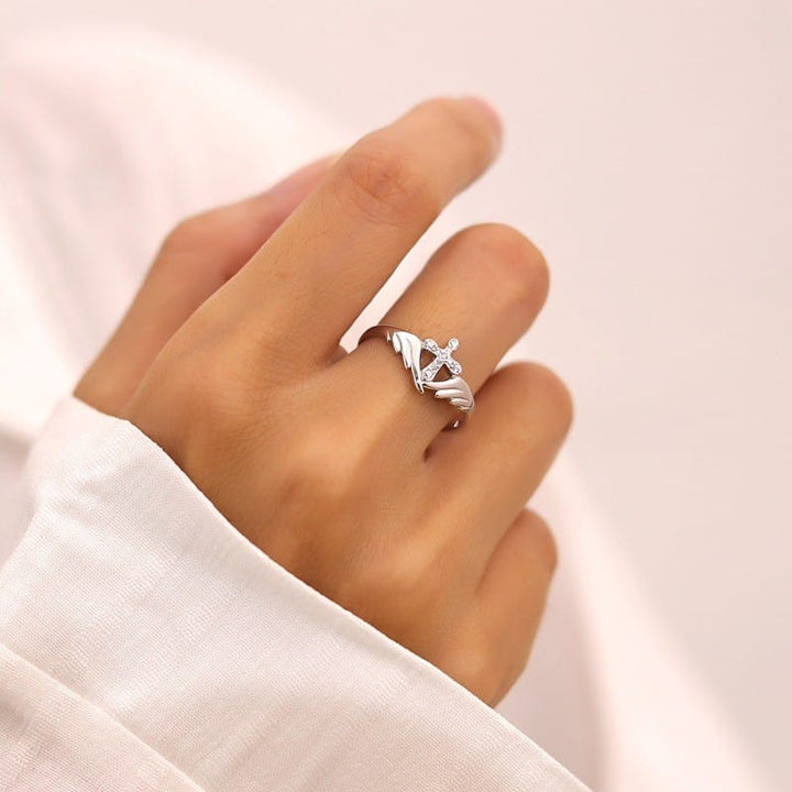 Adjustable Angel Wing Cross Ring with Zircon Diamonds