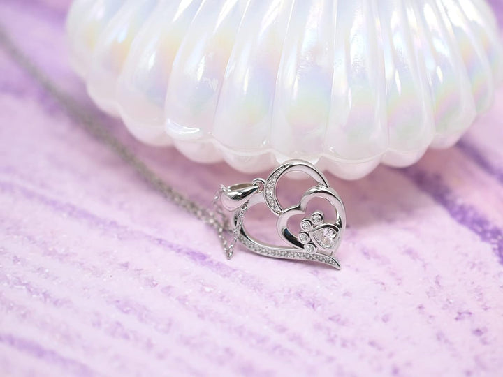 Sterling Silver Paw Print Heart Necklace with Zirconia