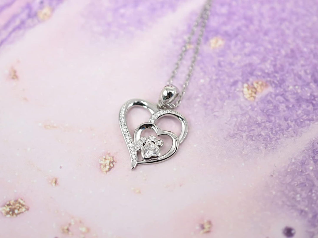 Sterling Silver Paw Print Heart Necklace with Zirconia