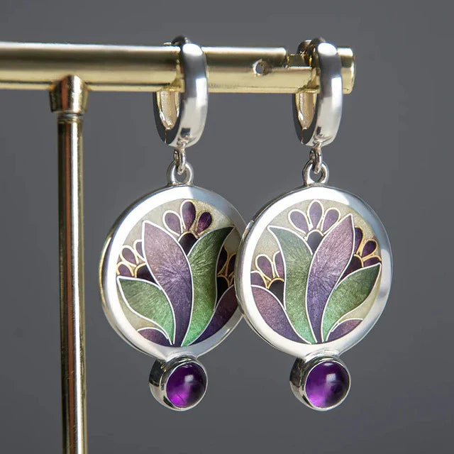 Sterling Silver Boho Earrings with Purple Crystals