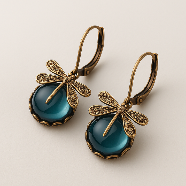 Antique Gold Dragonfly Sphere Earrings