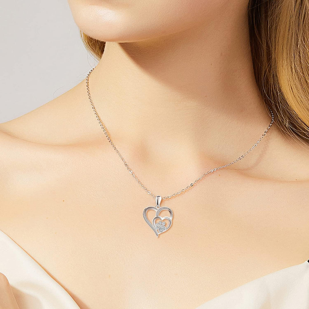 Sterling Silver Paw Print Heart Necklace with Zirconia