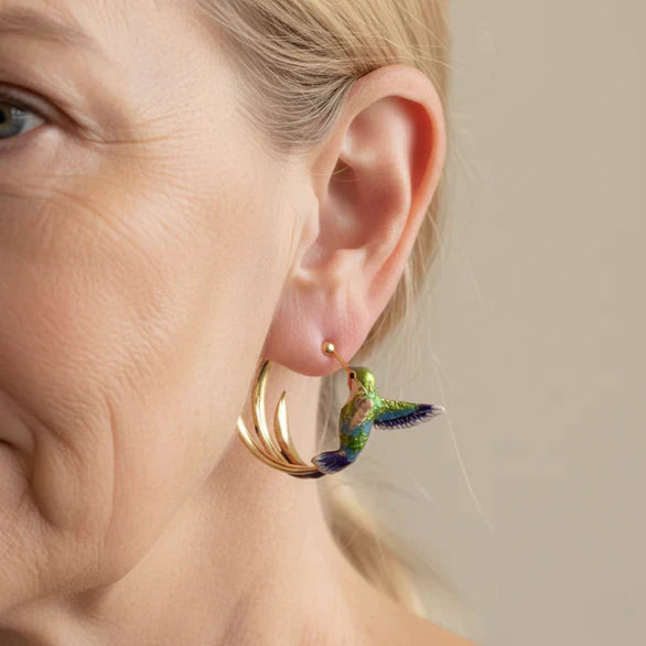 Enamel Hummingbird Vintage Hoop Earrings