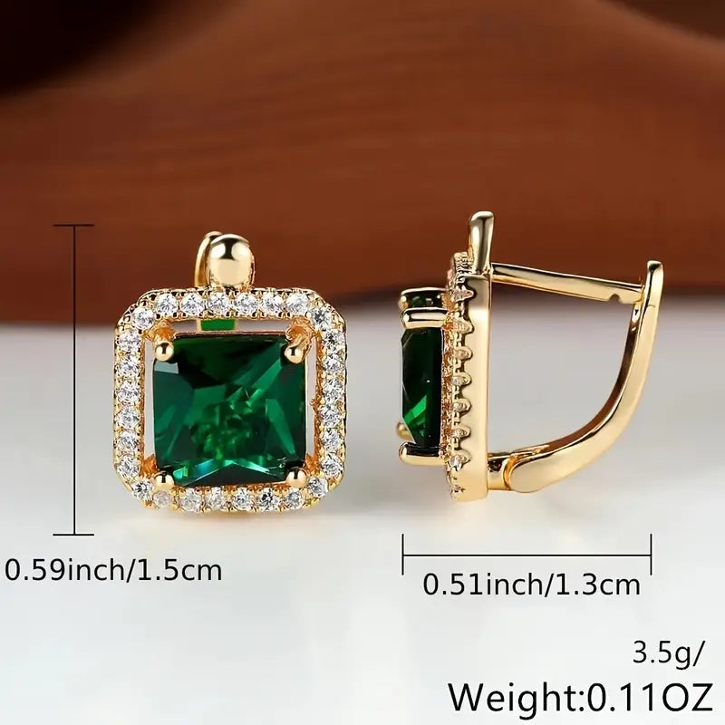 Square Green Zirconia Gold Earrings
