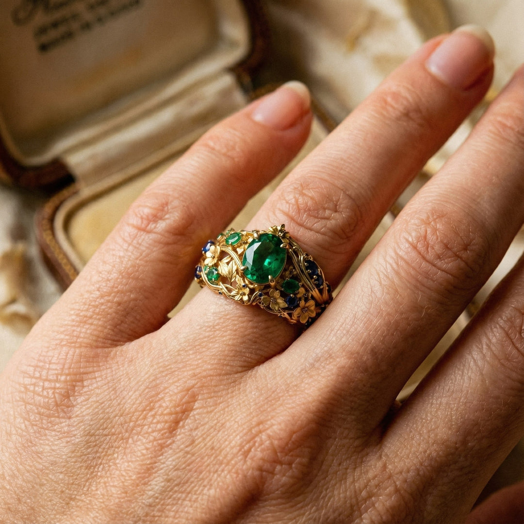 Gold Ring with Green and Blue Crystals