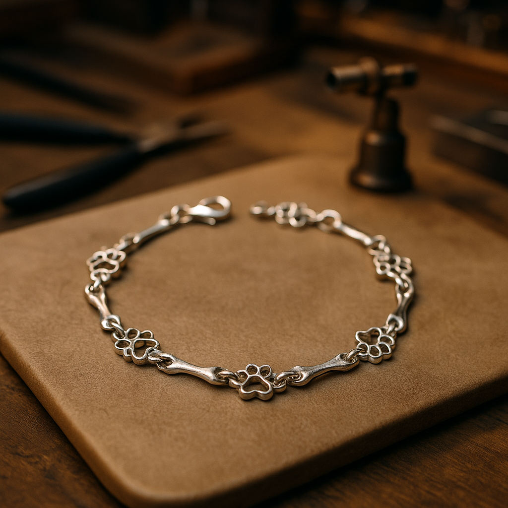 Pure Silver Dog Paw and Bone Charm Bracelet