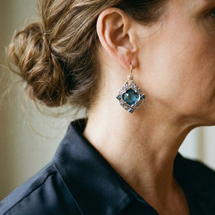 Gold and Silver Blue Crystal Earrings