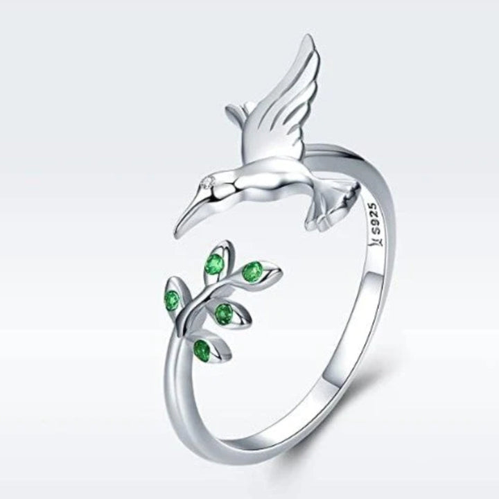 Adjustable Silver Hummingbird Ring with Green Zirconia
