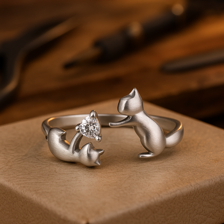 Adjustable Sterling Silver Cat Ring with Sparkling Cubic Zirconia