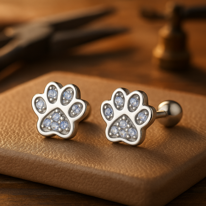 Crystal-Accented Sterling Silver Paw Print Earrings