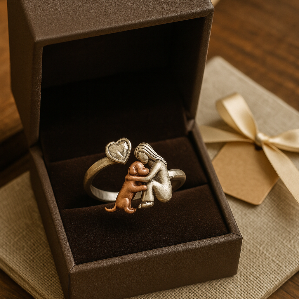 Adjustable Handmade Silver Dog Ring with Heart-Shaped Zirconia