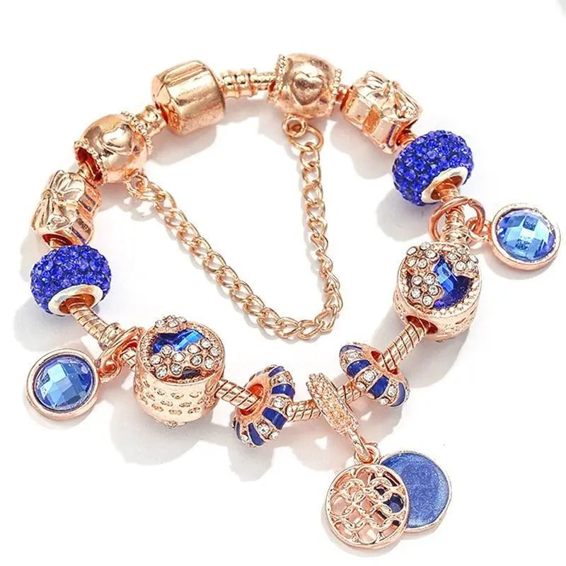 Blue Crystal Rose Silver Bracelet