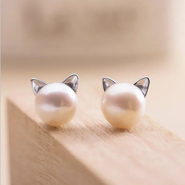 Cat-Shaped Pearl Sterling Silver Earrings